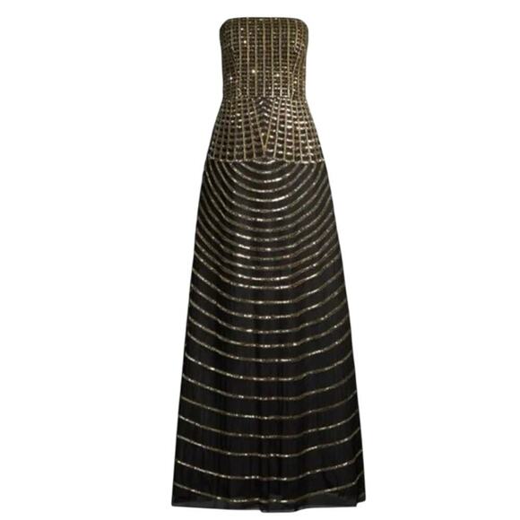Aidan Mattox Strapless Sequin Gown Maxi Dress Gold Black Size 2 NWOT - Picture 1 of 11